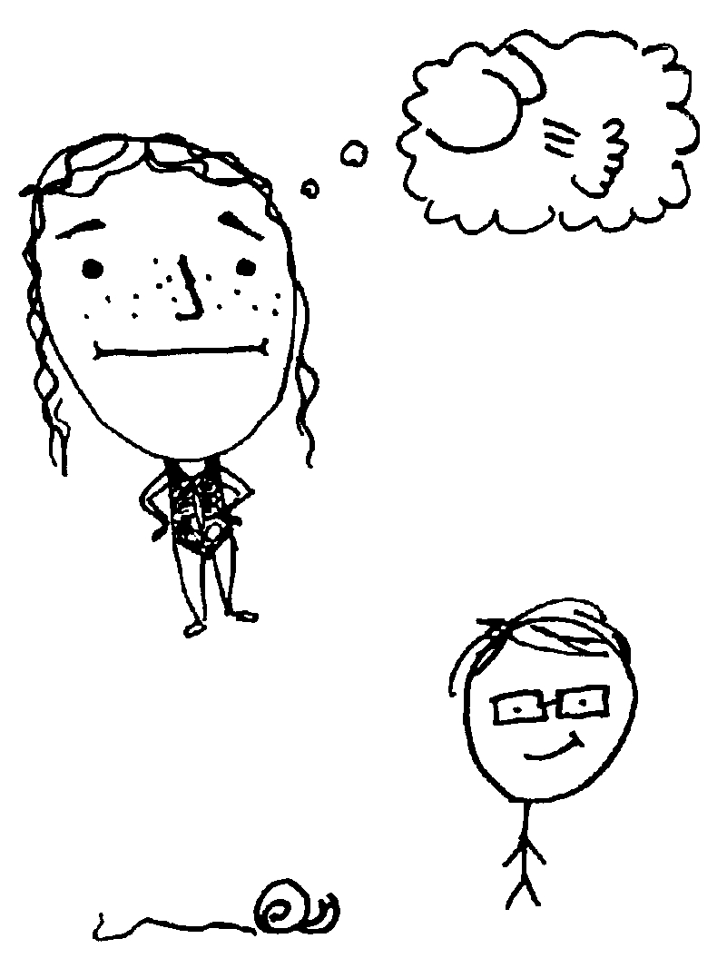 Mallory in a skeleton swamsuit thinks about toots while Joshua smirks at a snail.